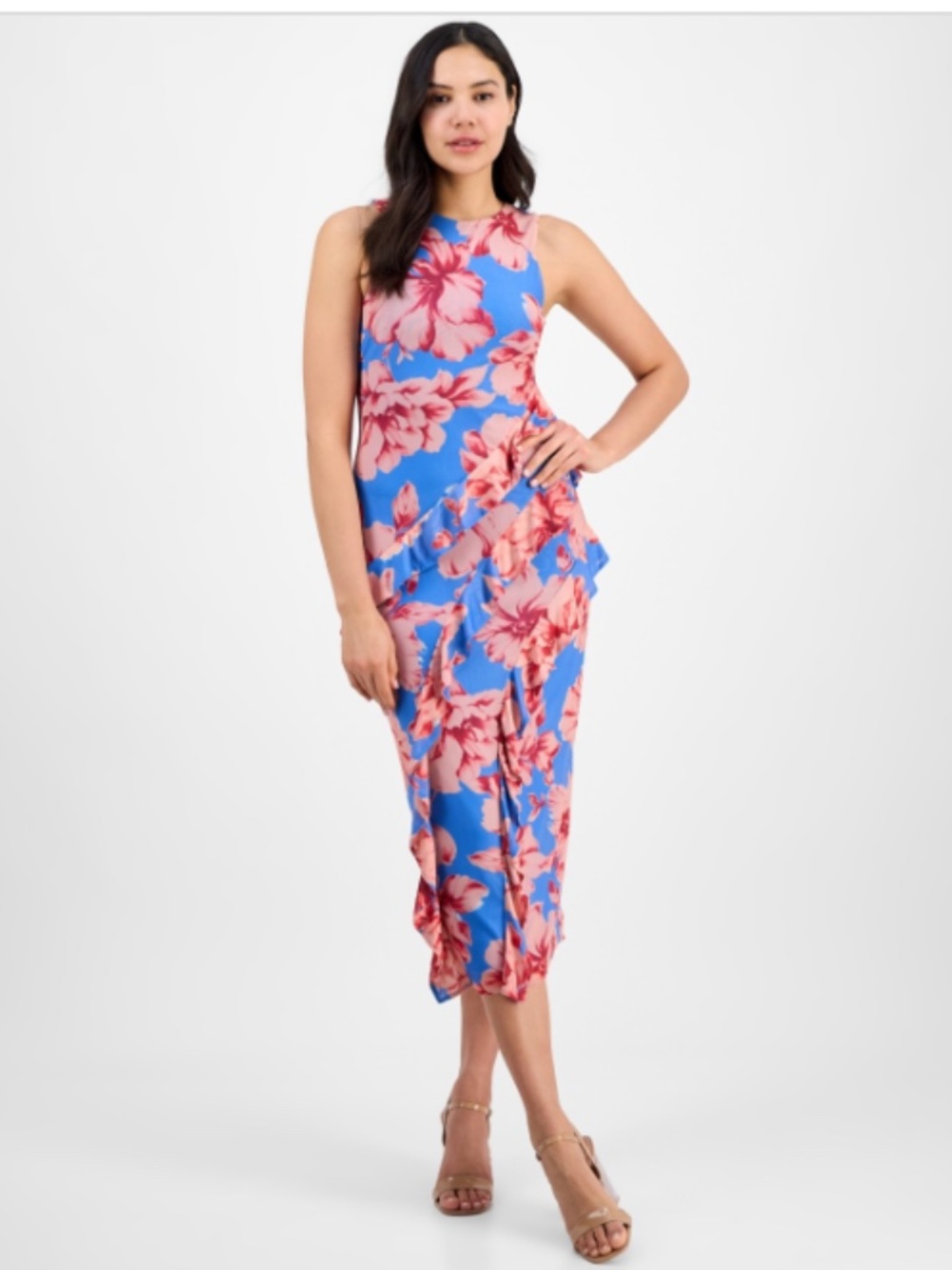 Rachel Rachel Roy Women's Isca Ruffled Sleeveless MIDI Dress Magnolia Blue Pin M
